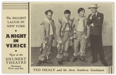 A Night in Venice Postcard, Circa 1929, Featuring Ted Healy and his three Southern Gentlemen -- 5.5 x 3.5 Postcard Promotes Show at the Shubert Theatre -- Sticker on Back, Else Near Fine